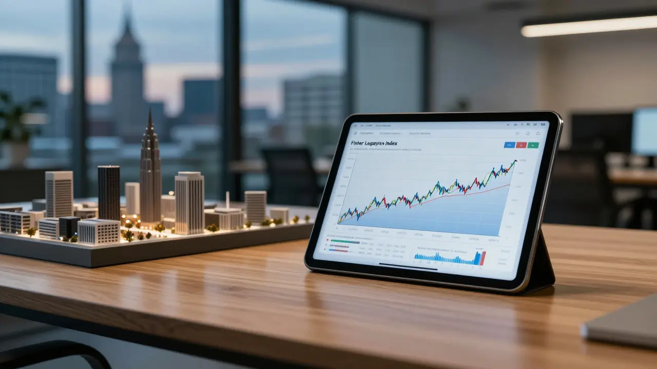 Finanzanalyst prüft Immobilien-Preisindizes auf einem Tablet vor einer Stadtkulisse