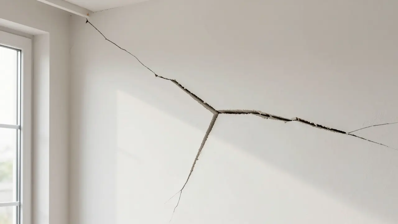 Gefährlicher diagonaler Riss in einer verputzten Hauswand