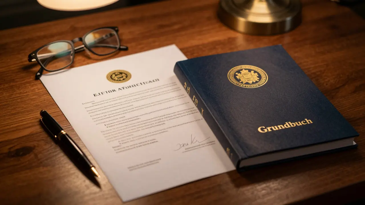 Grundbuchauszug und juristische Dokumente auf einem Schreibtisch unter einer Leselampe.