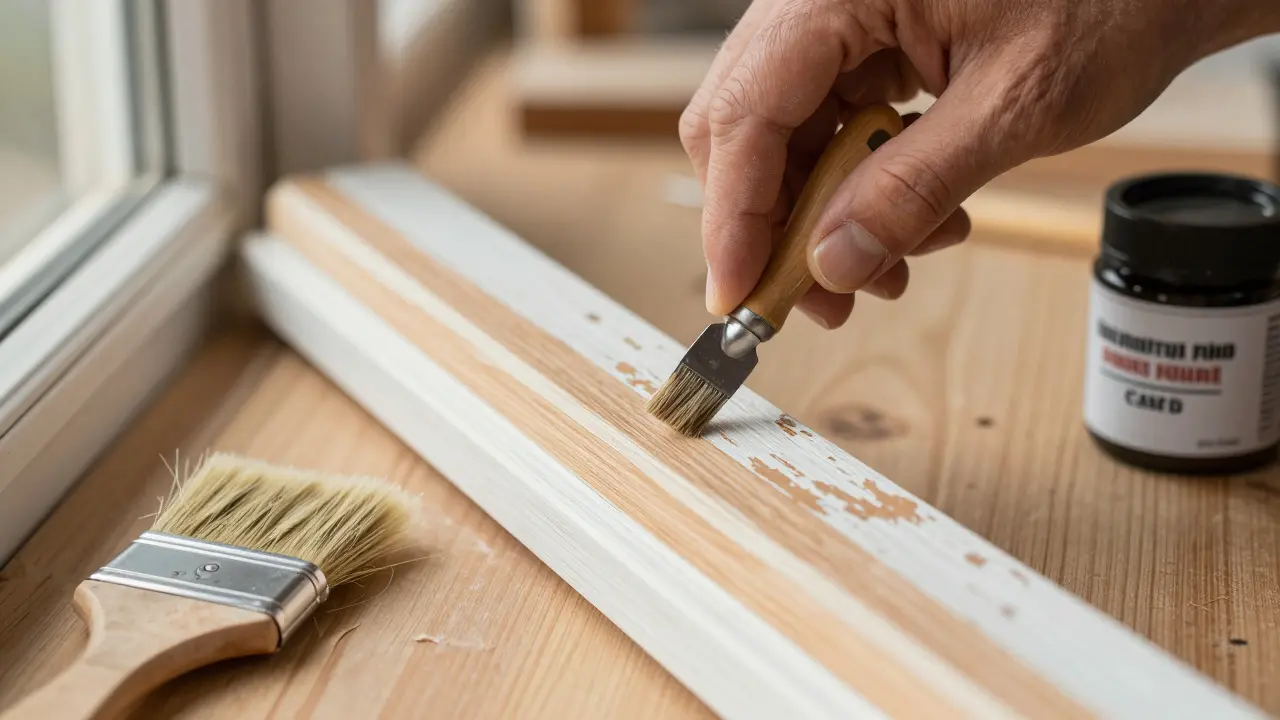 Handwerker restauriert vorsichtig einen alten Holzfensterrahmen durch Schleifen.