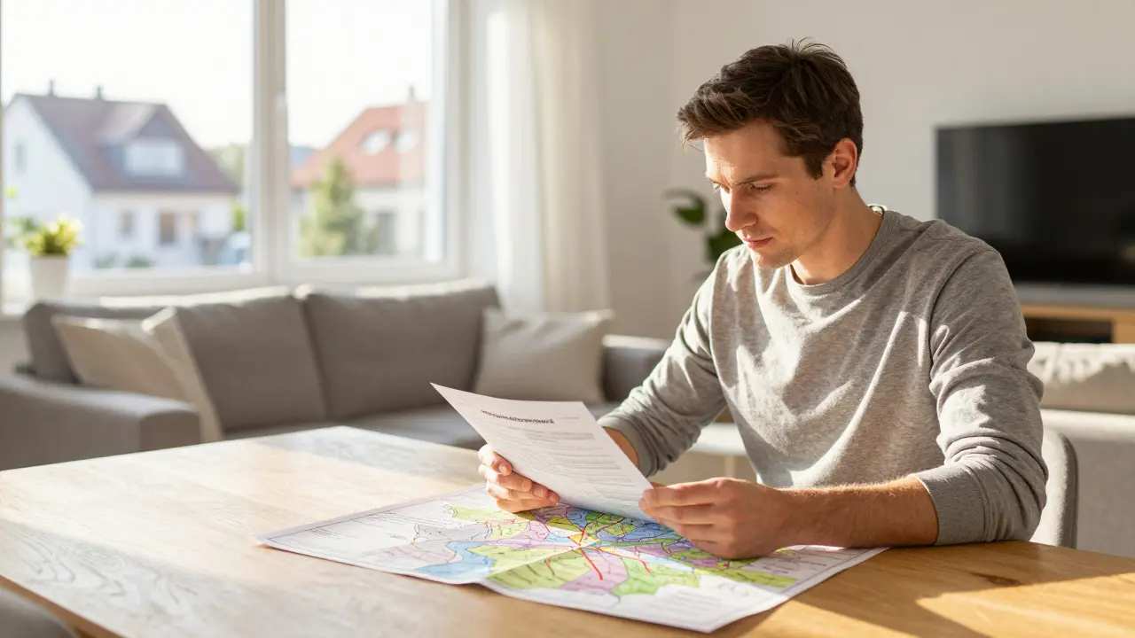 Hausbesitzer prüft Grundsteuerunterlagen und Bodenrichtwertkarte am Tisch.