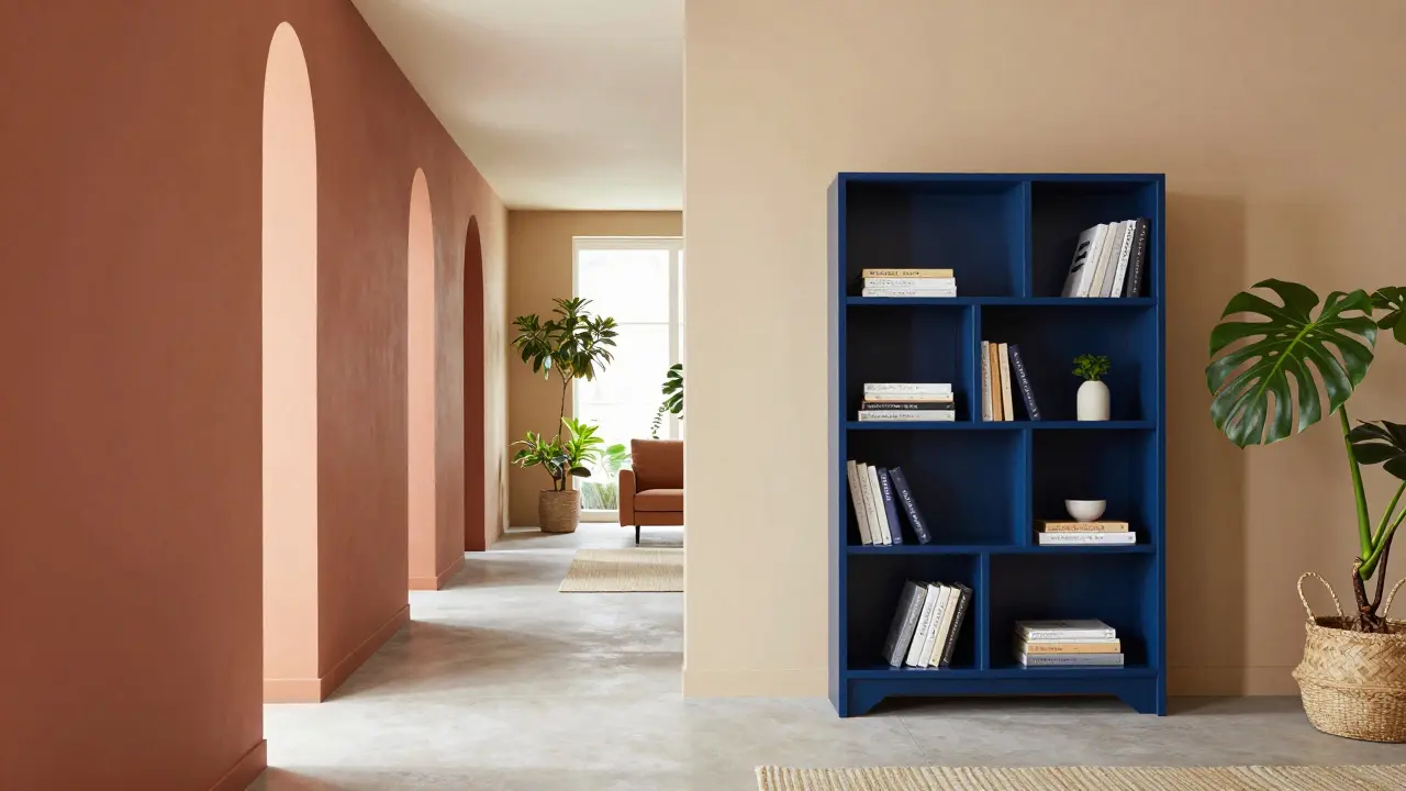 Hell gestalteter Flur mit erdigen Terracotta-Tönen und einem tiefblauen Regal.