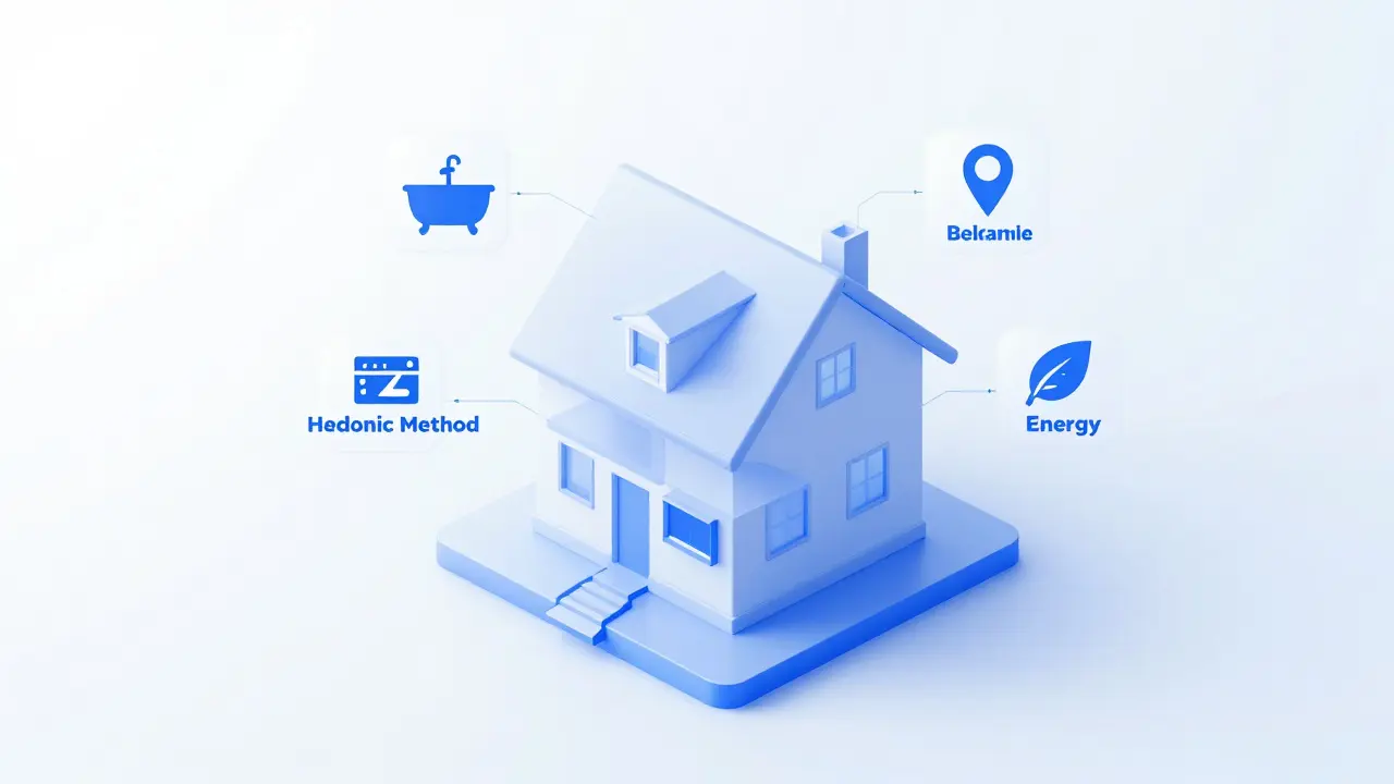 Isometrische Darstellung einer Immobilie, die in einzelne Qualitätsmerkmale zerlegt wird