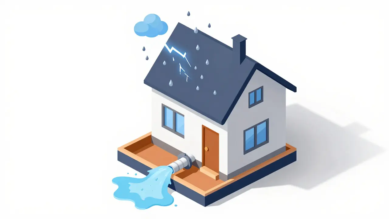 Isometrische Darstellung eines Hauses mit Rohrbruch und Hagelschäden.