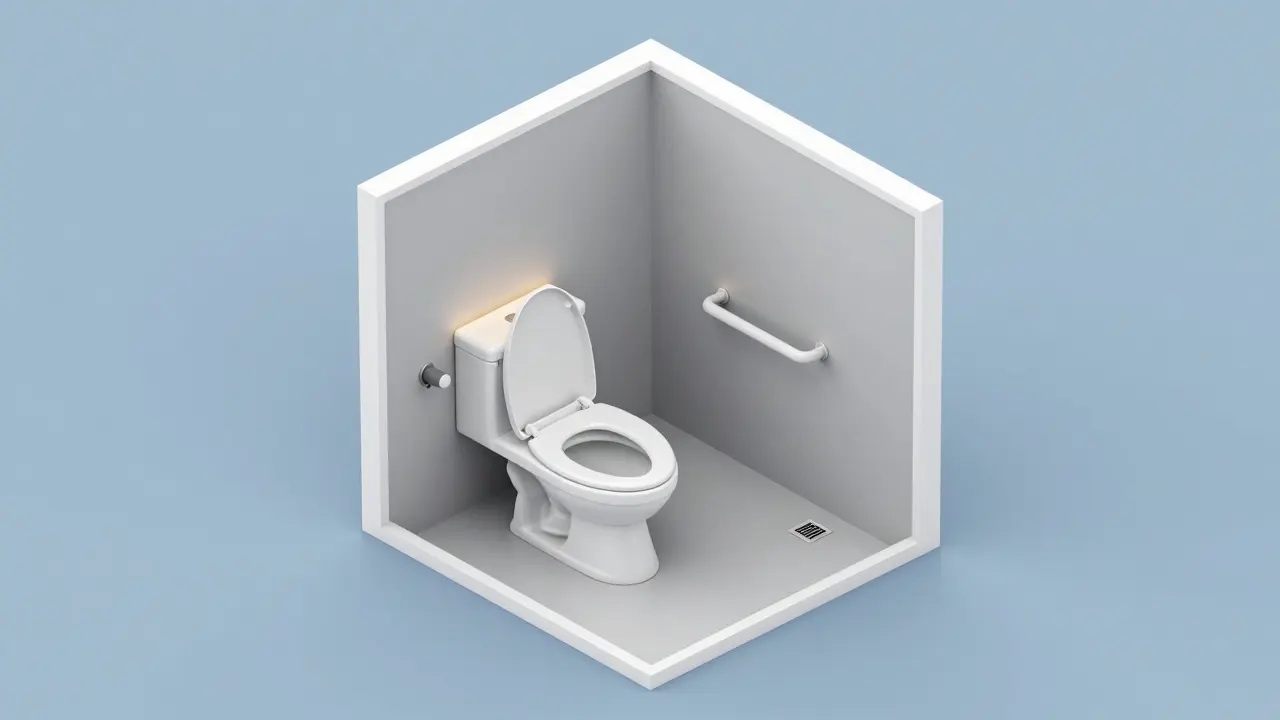 Isometrische Darstellung eines optimierten, altersgerechten Badezimmer-Grundrisses.