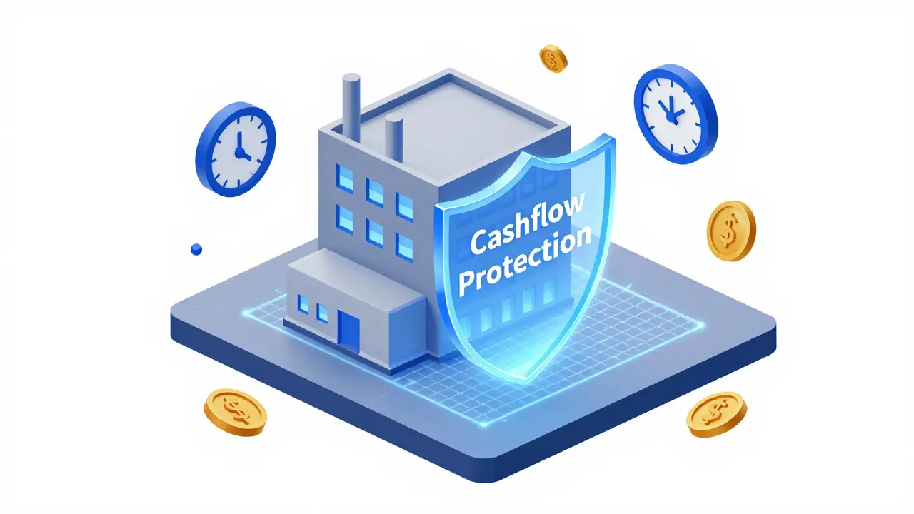 Konzeptgrafik einer Gewerbeimmobilie, die durch ein blaues Schutzschild finanziell abgesichert ist.