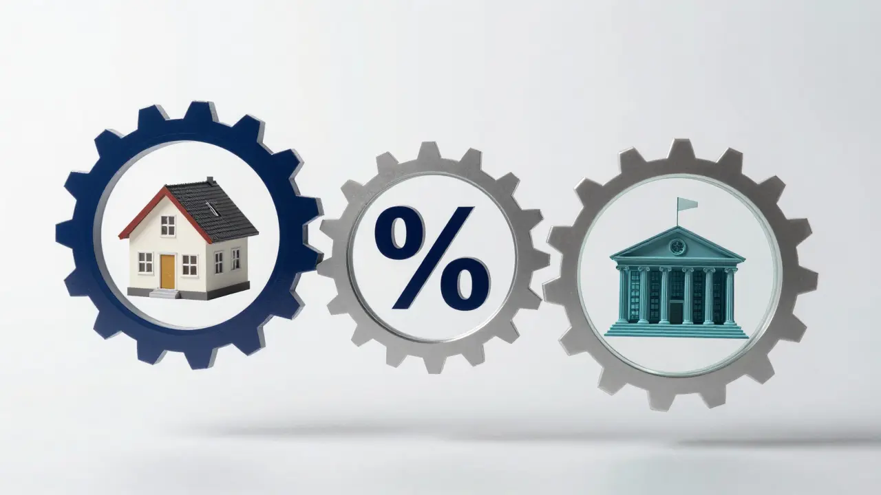 Konzeptionelle Darstellung der Grundsteuerformel mit Zahnrädern und Symbolen.