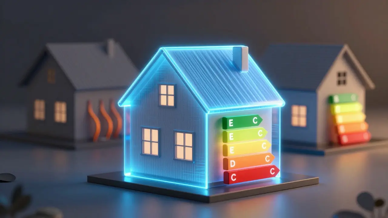 Konzeptuelle Darstellung eines energieeffizienten Hauses im Vergleich zu einem unsanierten Gebäude.