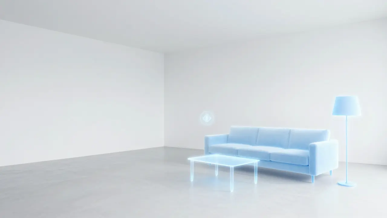 Leere Wohnung mit holografischen Möbeln und interaktiven Info-Punkten