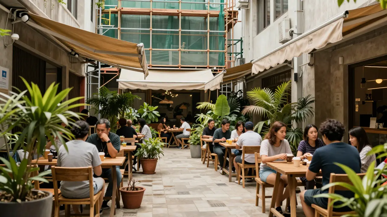Menschen entspannen sich auf einem belebten temporaren Innenhofplatz