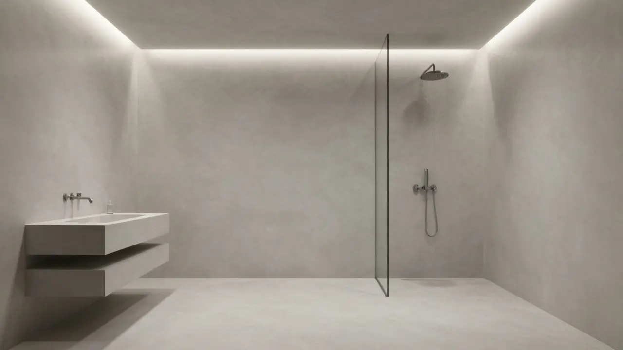 Minimalistisches Badezimmer mit fugenlosen, hellgrauen Microzement-Oberflächen an Wand und Boden