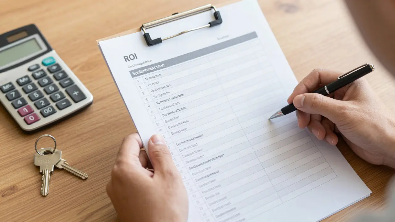 Nahaufnahme einer Immobilienbewertung mit Kalkulator und Checkliste auf einem Tisch.