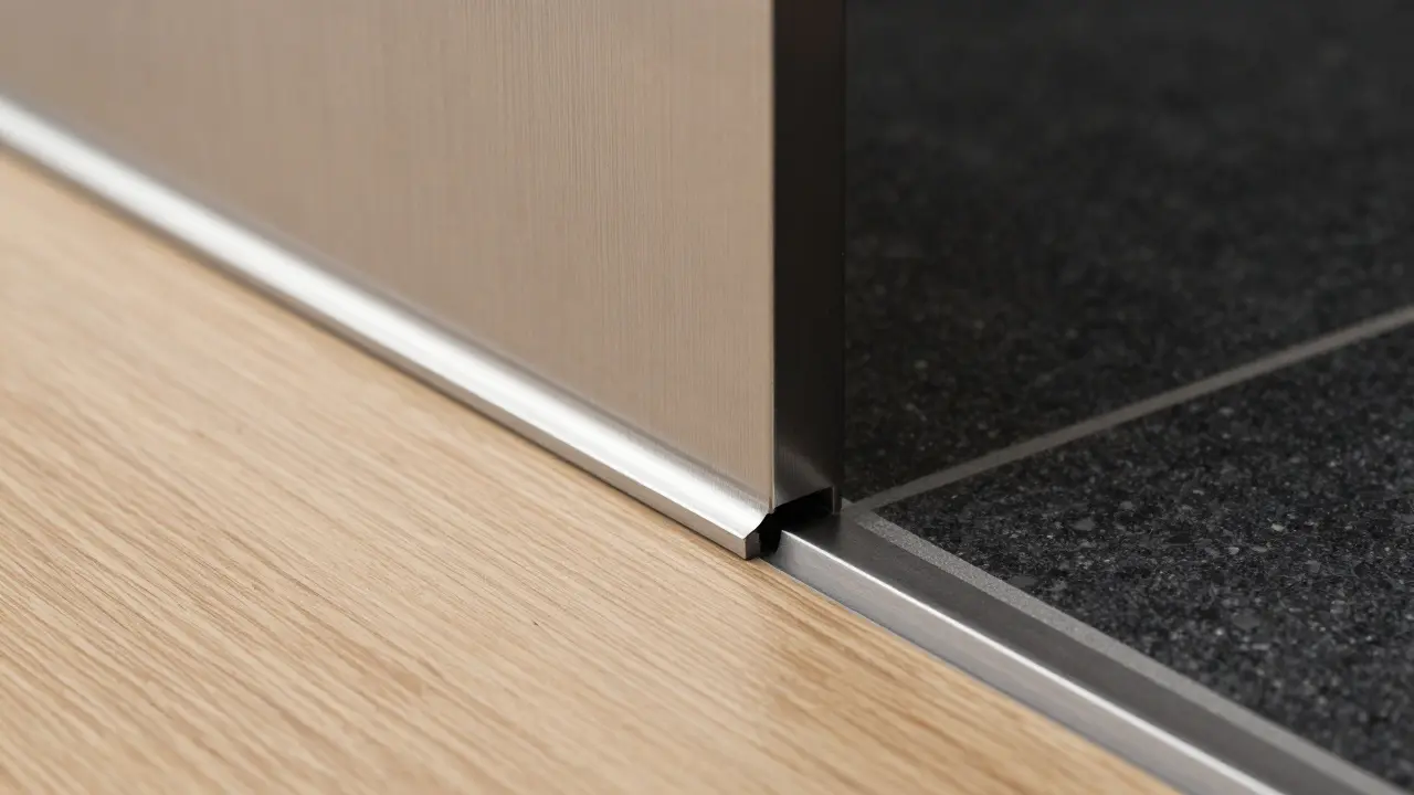 Nahaufnahme eines Edelstahl-Übergangsprofils zwischen Holzboden und Fliesen.
