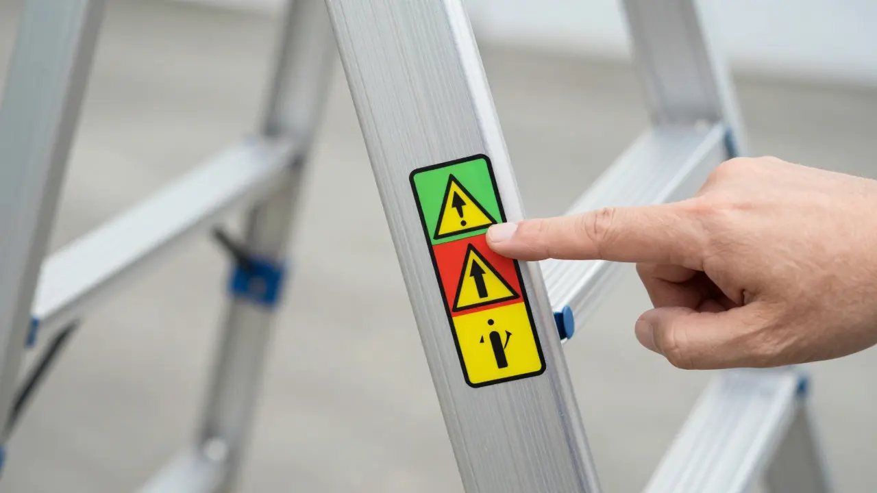 Nahaufnahme eines Prüfsiegels an einer Leiter zur Kontrolle der Betriebssicherheit.