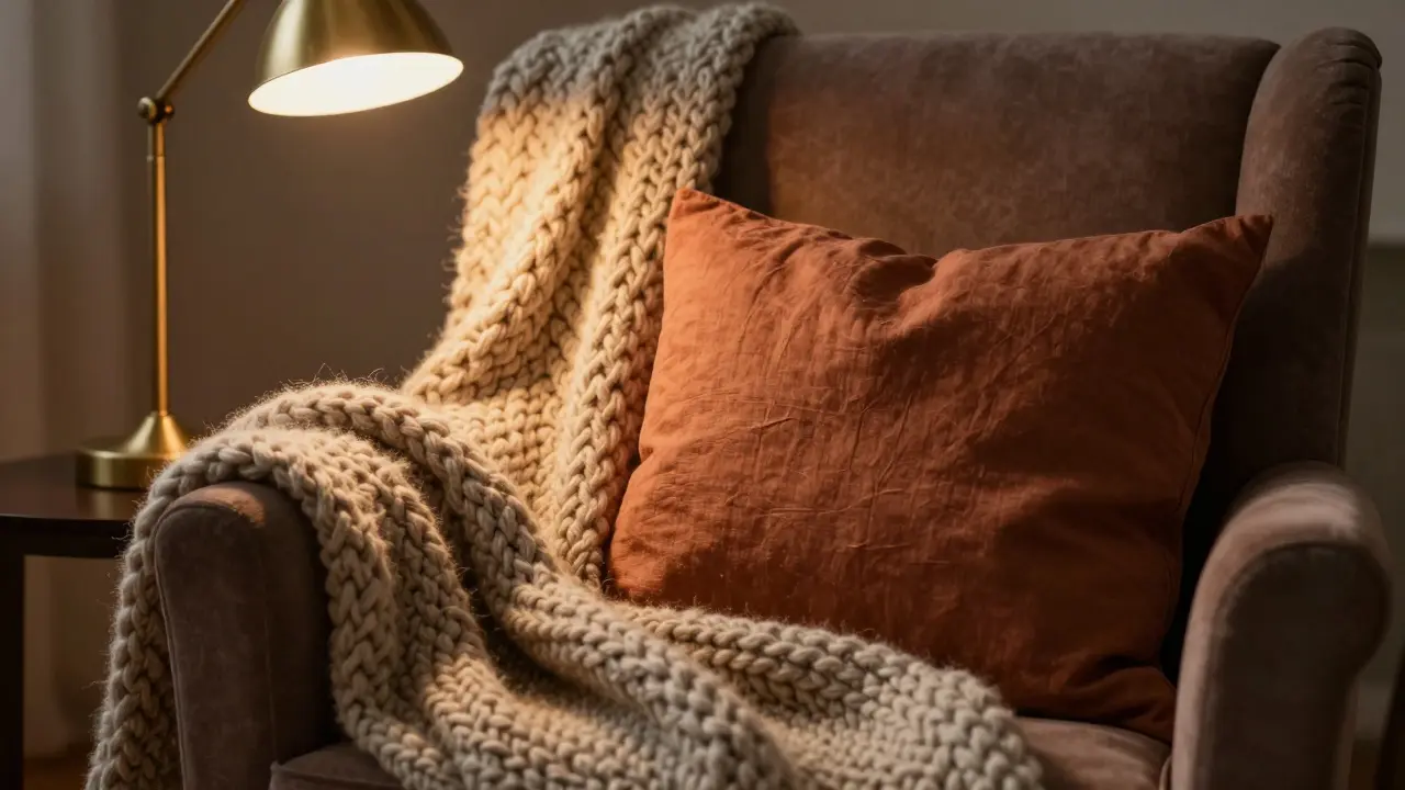 Nahaufnahme von Textilschichten mit Strickdecke und Kissen in warmen Erdtönen bei sanftem Licht.