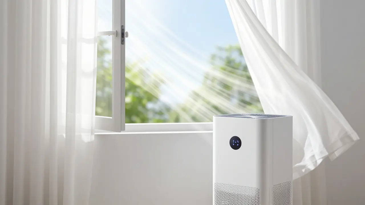 Offenes Fenster mit wehenden Vorhängen und einem Luftreiniger für frische Luft