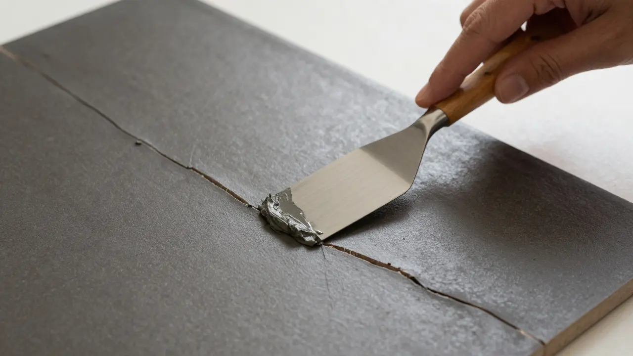 Präzise Ausbesserung eines Risses in einer dunklen Bodenfliese mit einem Spachtel.