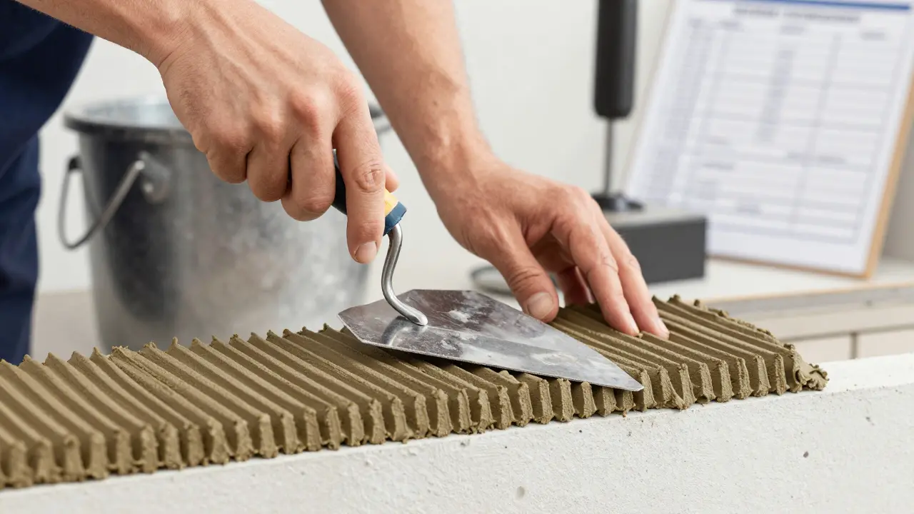 Präzises Auftragen von Mörtel mit einer Zahnkelle für gleichmäßige Schichtdicke.