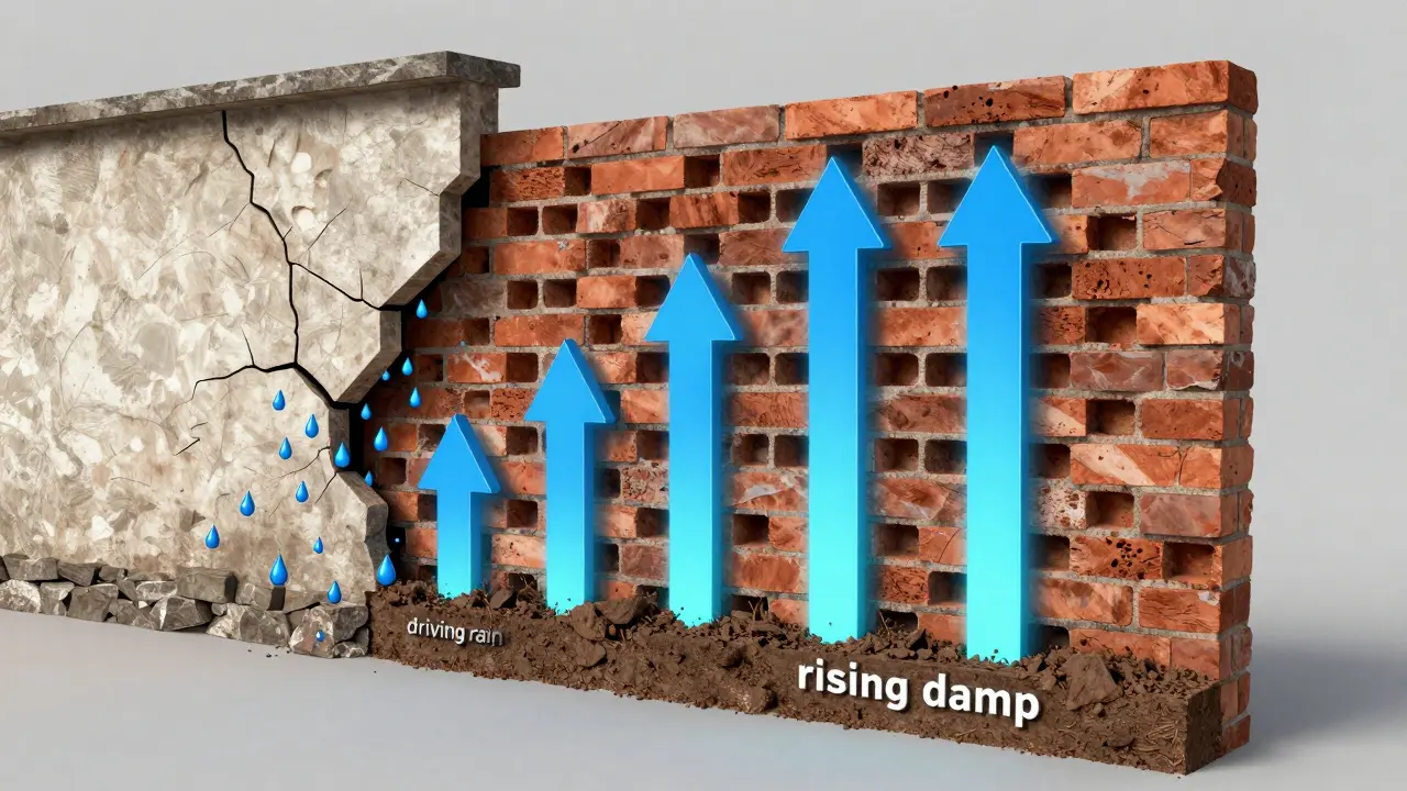 Schematische Darstellung von aufsteigender Feuchtigkeit und Schlagregen in einer Wand.