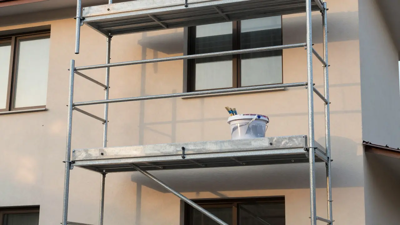 Sicheres Fassadengerüst mit stabilen Plattformen und Geländern an einem Haus.