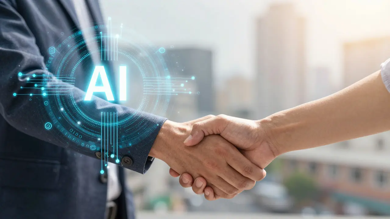 Symbolbild für die Balance zwischen KI-Daten und menschlicher Beziehung bei Vermietungen.