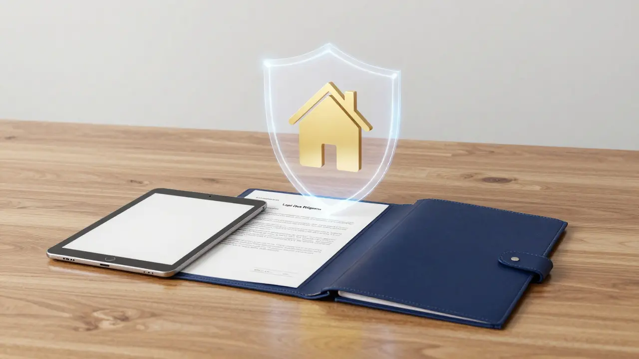 Symbolische Darstellung einer rechtlichen Absicherung beim Immobilienkauf mit einem digitalen Schutzschild.