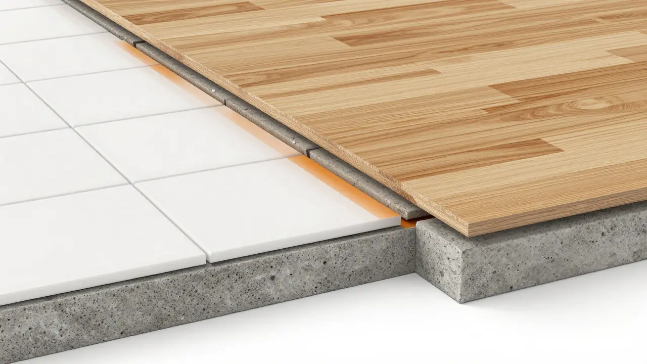 Technischer Querschnitt einer Bodenkonstruktion mit Entkopplungsmatte und Dehnungsfuge.