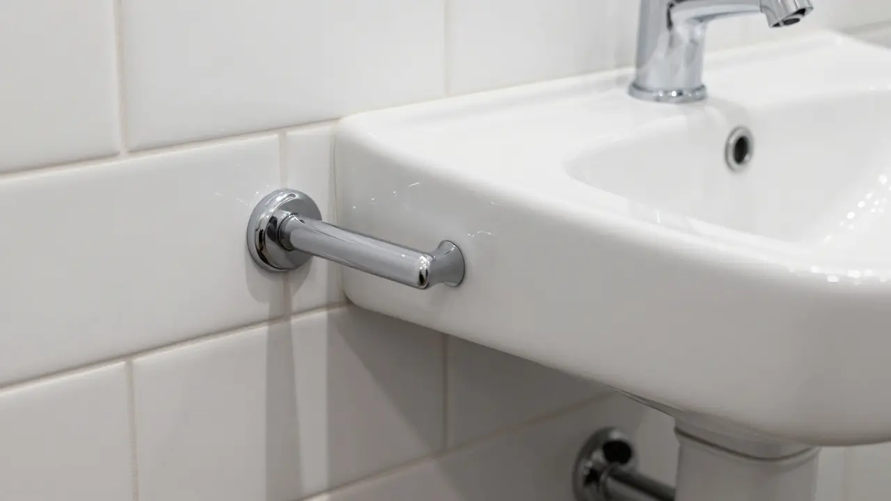 Unterfahrbares Waschbecken mit stabilem Stützgriff an einer weißen Kachelwand.