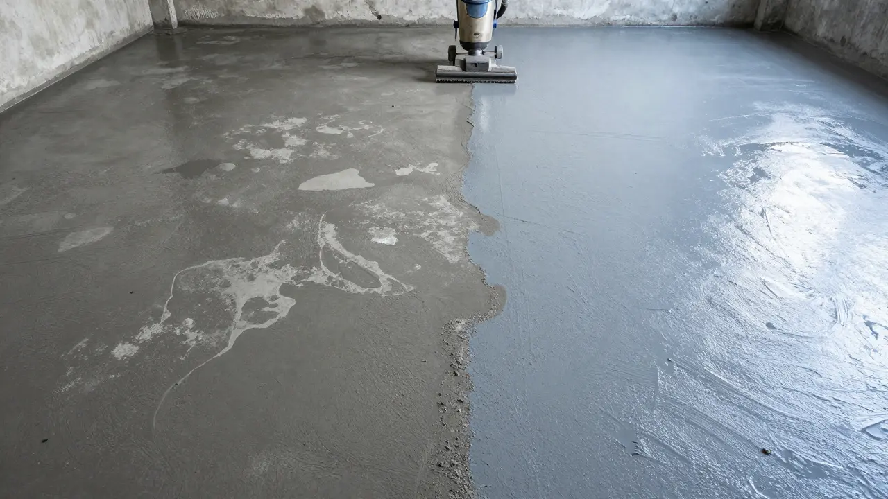 Vergleich zwischen einem verschmutzten und einem industriell gereinigten Betonboden.