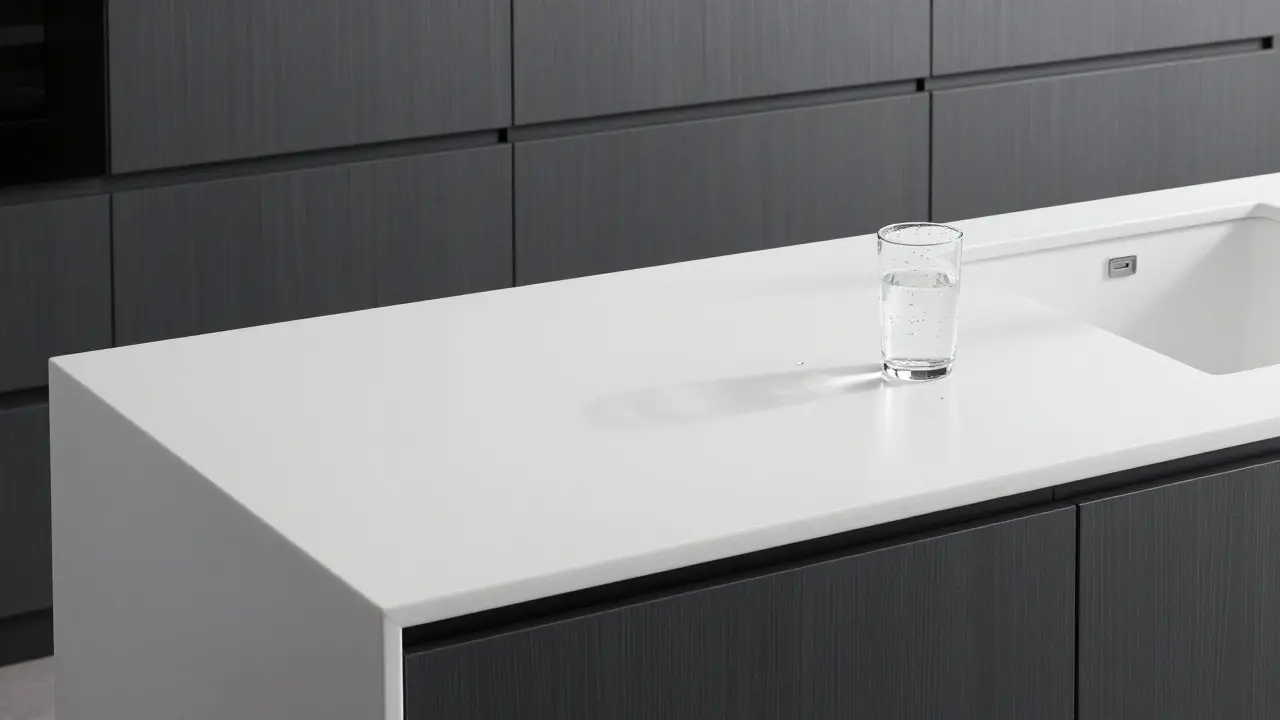 Weiße, porenlose Corian-Arbeitsplatte in einer modernen Küche mit HPL-Schränken