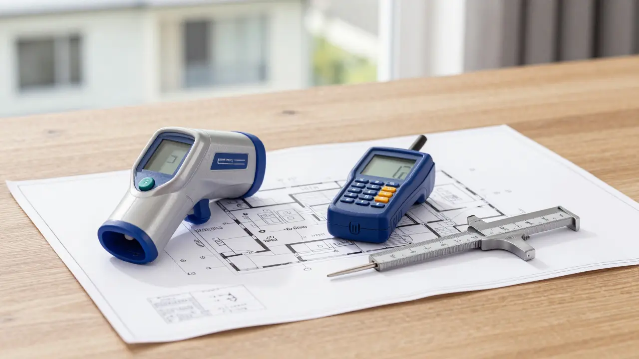 Werkzeuge eines Bausachverständigen wie Feuchtigkeitsmesser und Thermometer