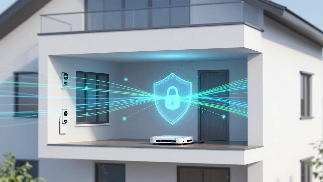 Abstrakte Darstellung vernetzter Sensoren und Sicherheitsschichten im Haus