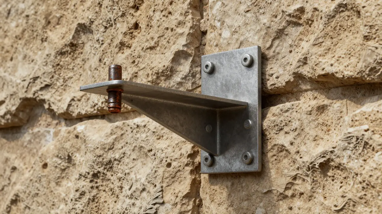 Detailansicht der statischen Befestigung eines Balkons in altem Mauerwerk