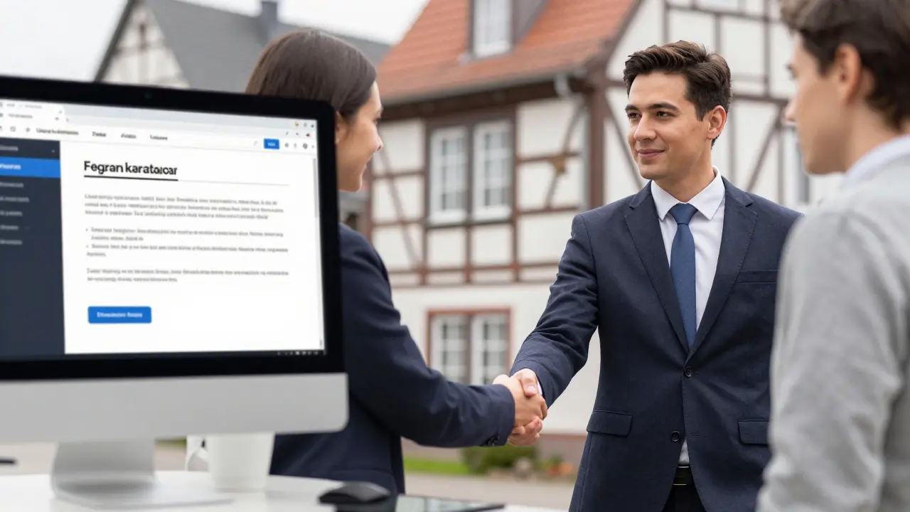 Handshake zwischen Gutachter und Eigentümer vor einem Haus