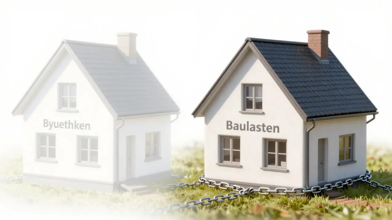 Haus mit unsichtbaren Ketten als Metapher für Baulasten