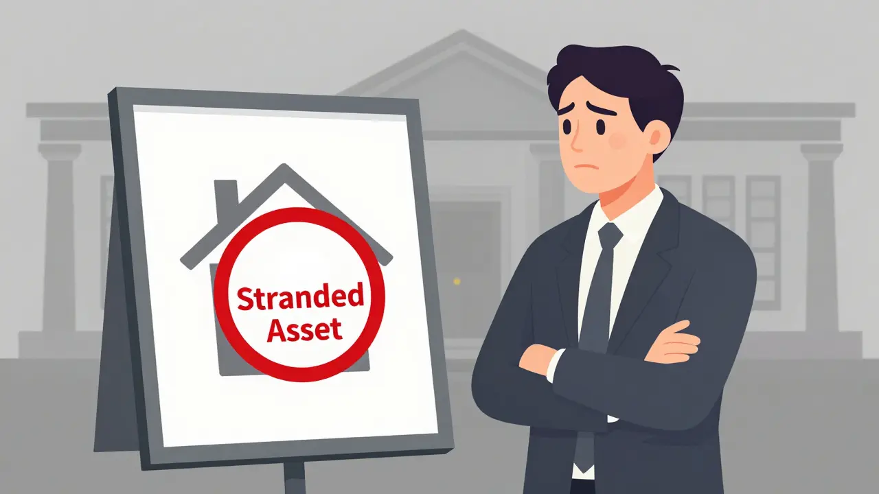 Immobilie als Stranded Asset mit Warnsymbol