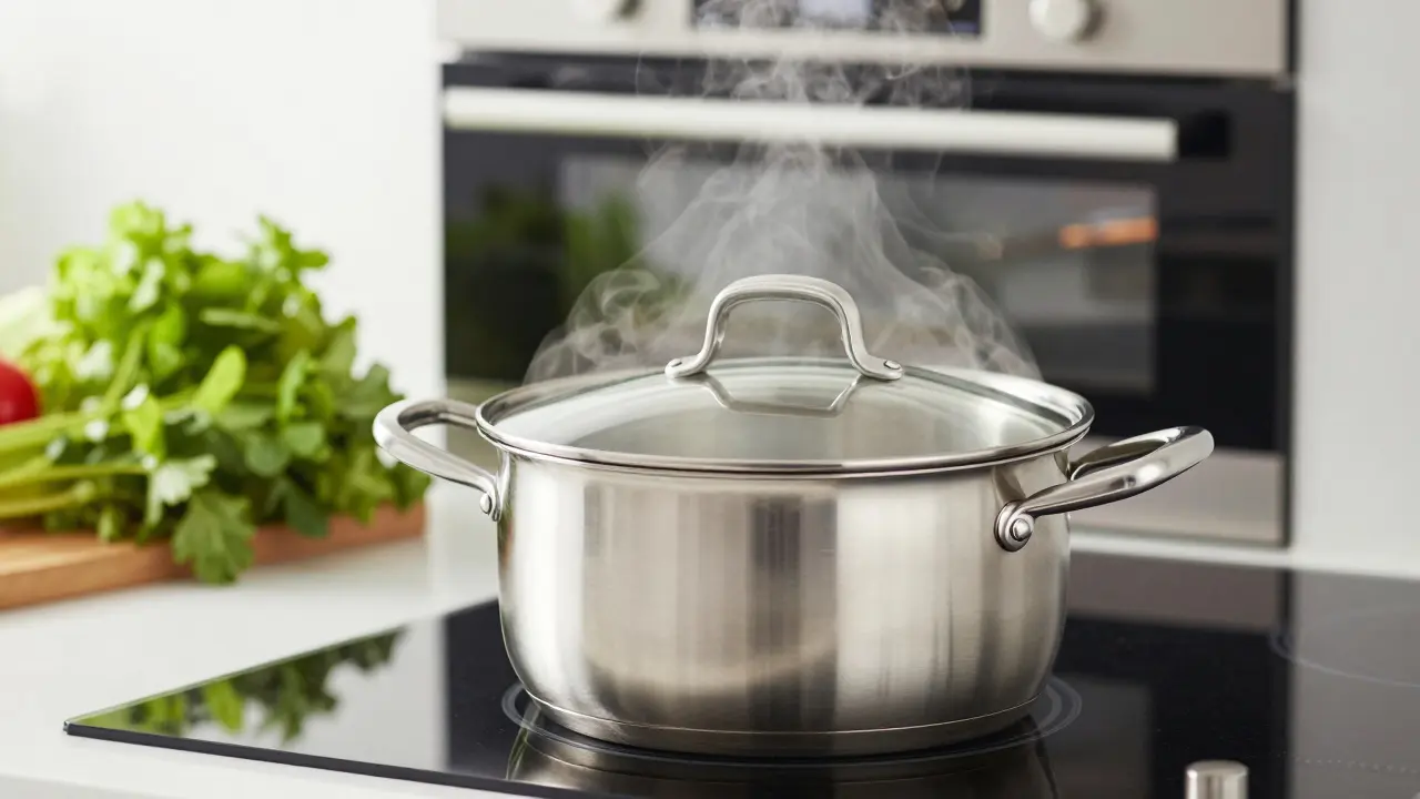 Kochtopf mit Deckel auf Induktionsherd als Symbol für effizientes Kochen.