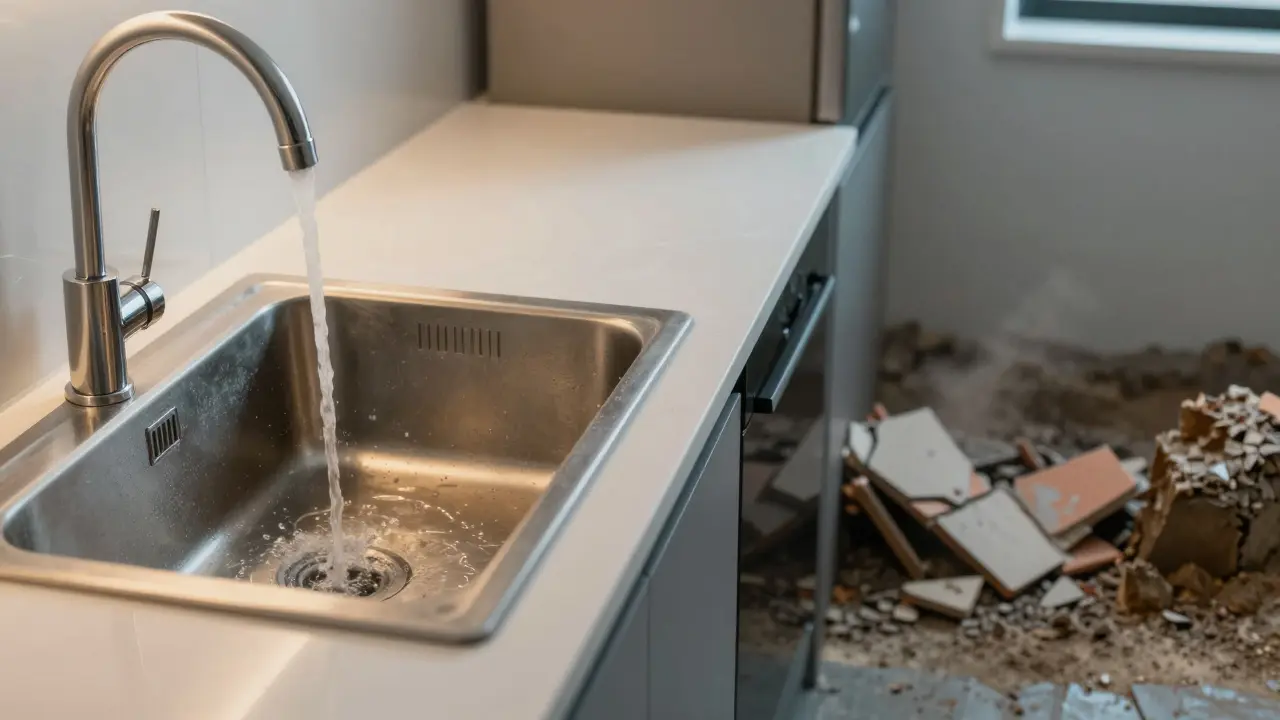 Kontrast zwischen sauberem Abfluss und aufwendiger Baustelle