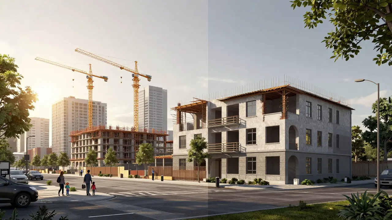 Konzeptbild: Wachstum versus Umbau bei der Bewertung von Immobilien