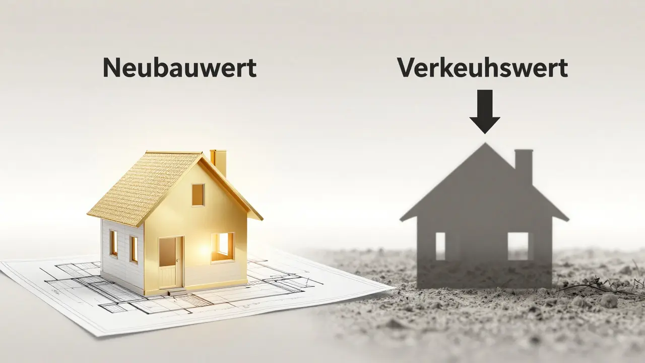 Konzeptionelle Darstellung des Unterschieds zwischen Neubauwert und Verkehrswert