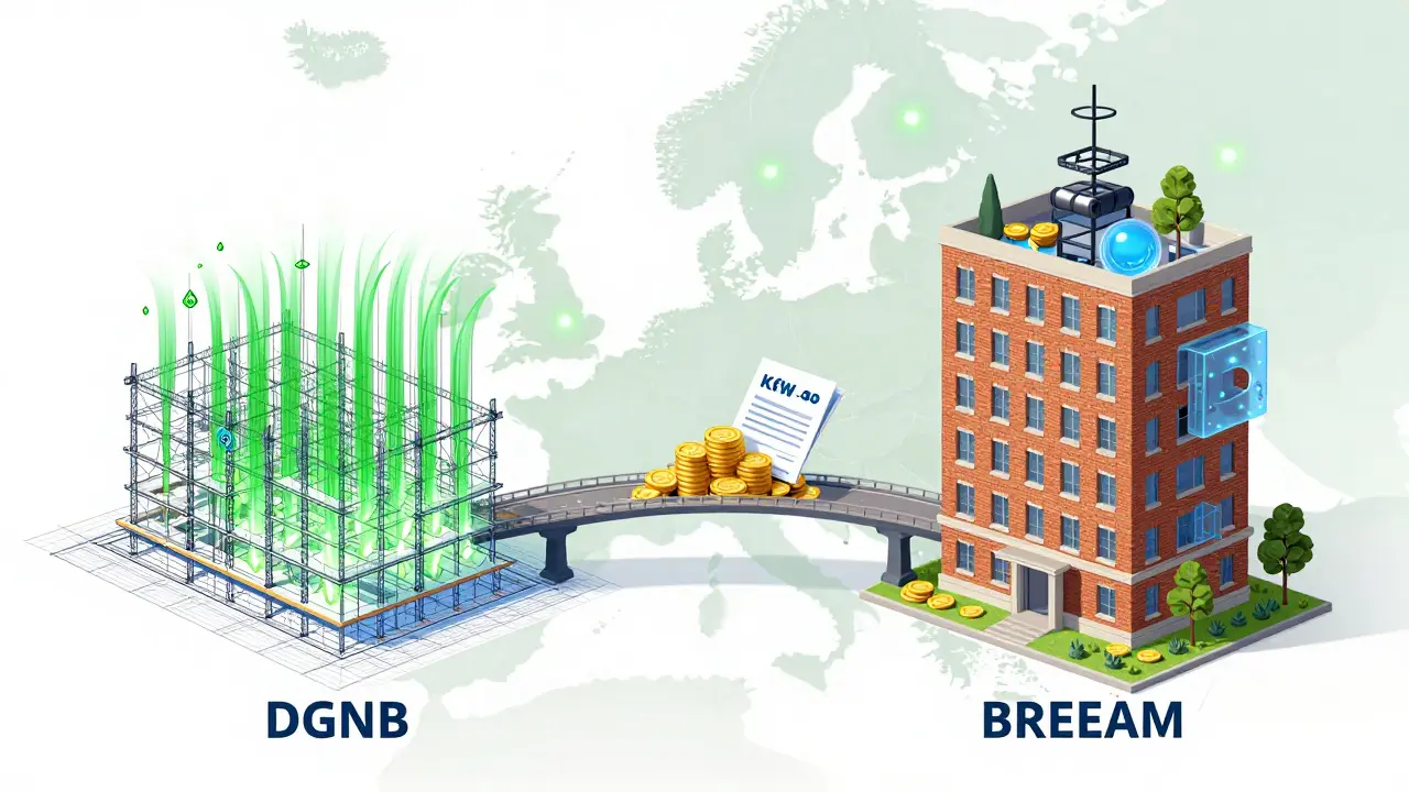 Konzeptionelle Darstellung von DGNB für Neubauten und BREEAM für Bestandsimmobilien