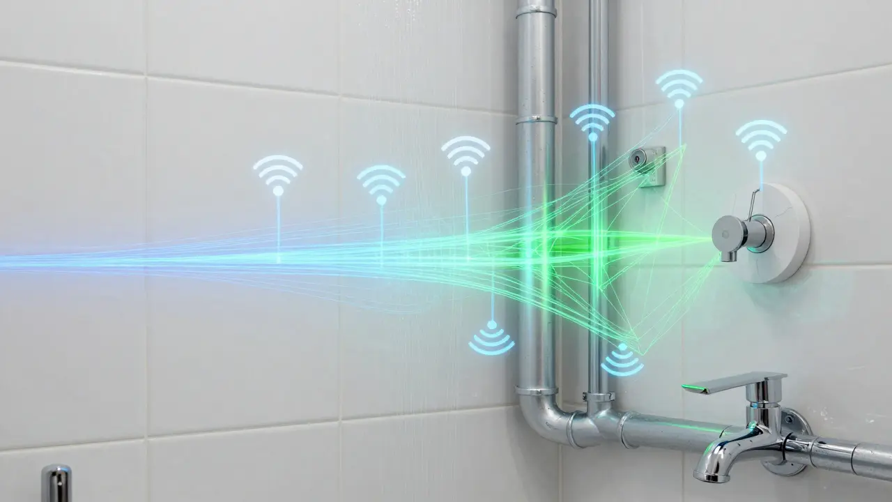 Konzeptuelle Darstellung von WLAN- und Mesh-Netzwerken in Badezimmerwänden
