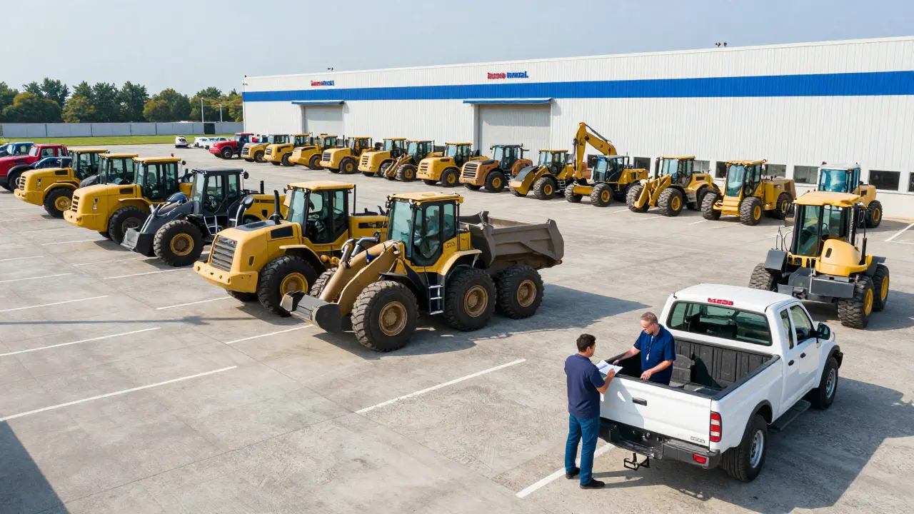 Kunde unterzeichnet Mietvertrag für Baumaschinen in einem großen Verleih-Yard