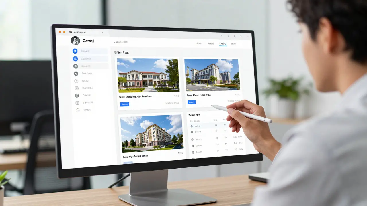 Makler nutzt eine intuitive Software für Immobilienangebote am Bildschirm