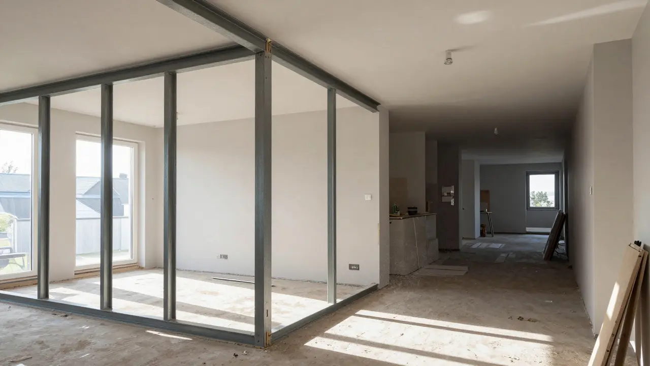 Modernes Wohnzimmer mit Stahlträgern nach Wanddurchbruch