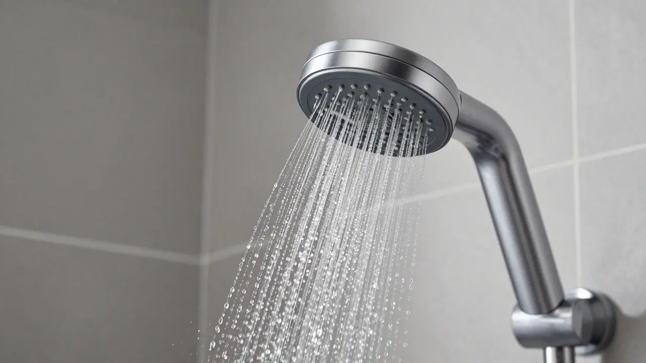 Nahaufnahme eines wassersparenden Duschkopfs mit feinem Sprühnebel.