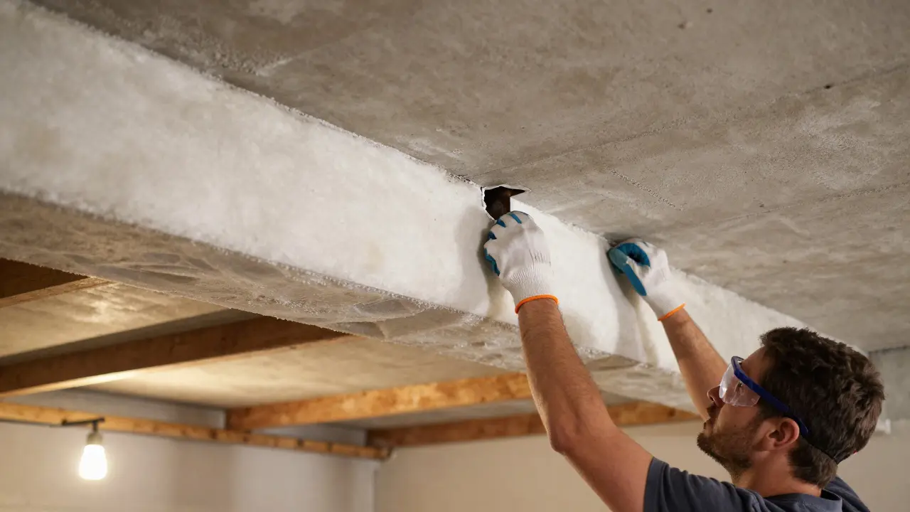Person montiert Dämmplatten an der Unterseite einer Kellerdecke im Heimwerkerstil.