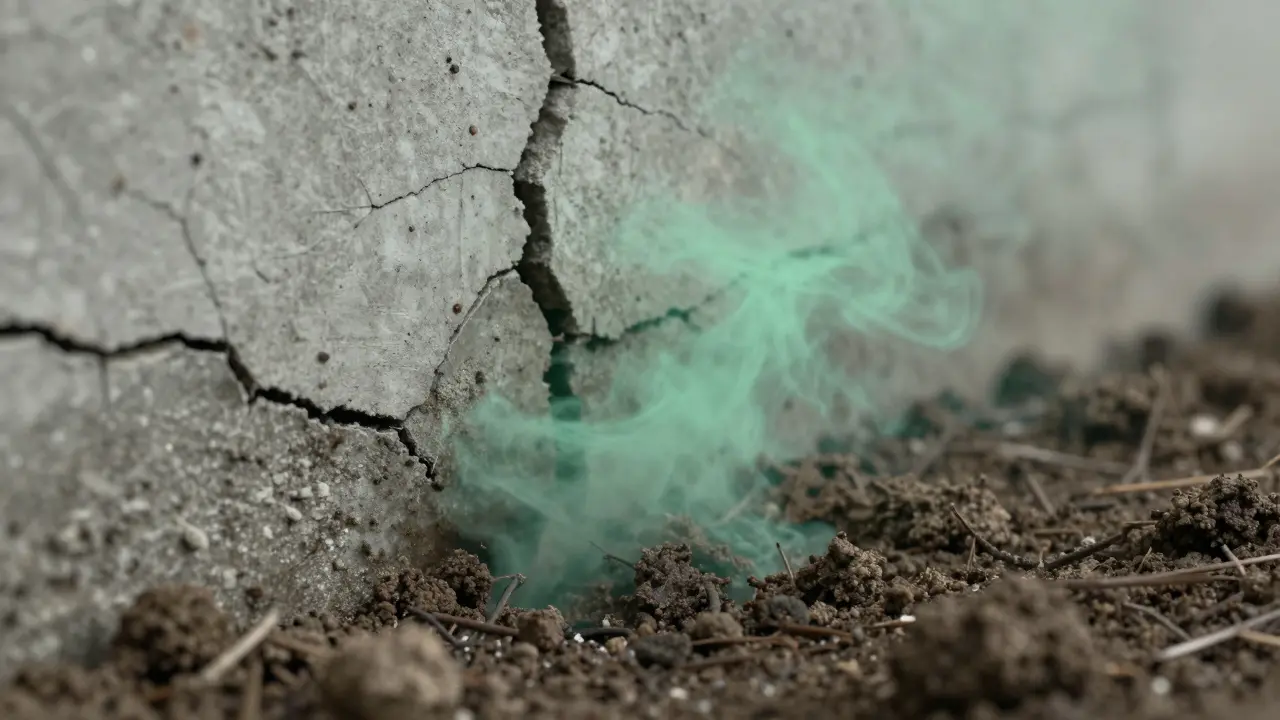 Risse im Fundament mit sichtbarer chemischer Kontamination