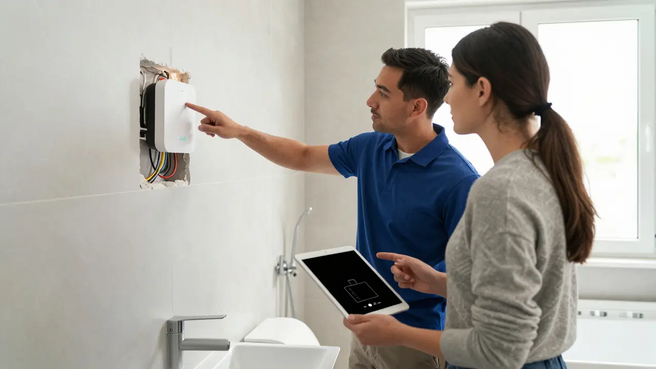 Techniker erklärt Smart-Home-Installation im renovierten Badezimmer