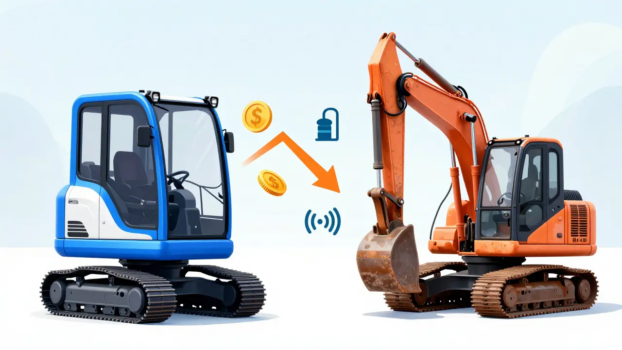 Vergleich zwischen modernem elektrischen und älterem Diesel-Bagger mit Kostenelementen